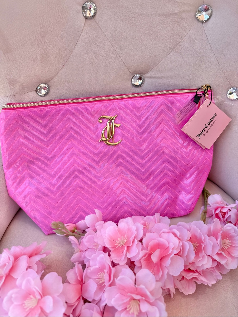 Juicy Couture Hot Pink Quilted Chevron Cosmetic Pouch with Gold Logo